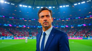Illustration de Roberto De Zerbi et l'ambition de l'OM de rivaliser avec le PSG, générée par intelligence artificielle.