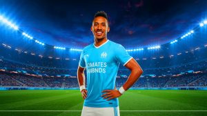 Illustration de Pierre-Emerick Aubameyang en tenue de l'Olympique de Marseille, générée par intelligence artificielle.