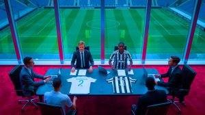Illustration de l'échange potentiel entre Valentin Rongier et Timothy Weah entre l'OM et la Juventus, générée par intelligence artificielle.