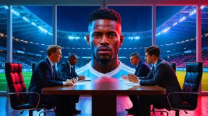 Illustration de Timothy Weah entre l'OM et la Juventus, générée par intelligence artificielle.