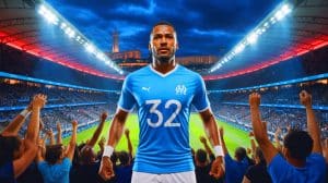 Illustration de Facundo Medina posant avec le maillot de l'OM et le numéro 32. Image réalisée par IA.