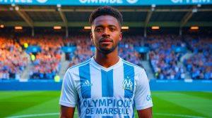 Illustration de Timothy Weah en maillot de l'Olympique de Marseille, générée par intelligence artificielle.