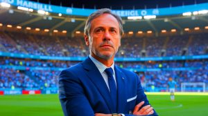 Illustration de Roberto De Zerbi s'exprimant sur son avenir à l'OM, générée par intelligence artificielle.