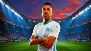 Illustration de Pierre-Emerick Aubameyang de retour à l'Olympique de Marseille avec de grandes ambitions.
