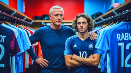« Deschamps défend Rabiot avec force » : cet affrontement inattendu secoue le monde du football français Illustration de Didier Deschamps soutenant Adrien Rabiot après l'incident au vestiaire de l'OM.