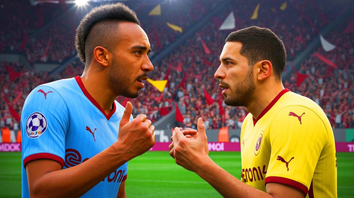 Illustration de Pierre-Emerick Aubameyang et Amine Gouiri discutant de leur future collaboration à l'OM.