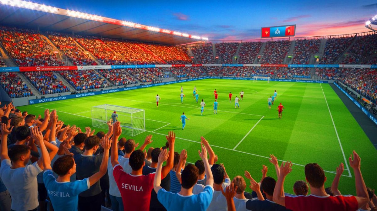 Illustration de la rencontre entre l'OM et le FC Séville au Vélodrome.