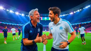 Illustration de Roberto De Zerbi discutant avec son traducteur lors d'un entraînement de l'OM.