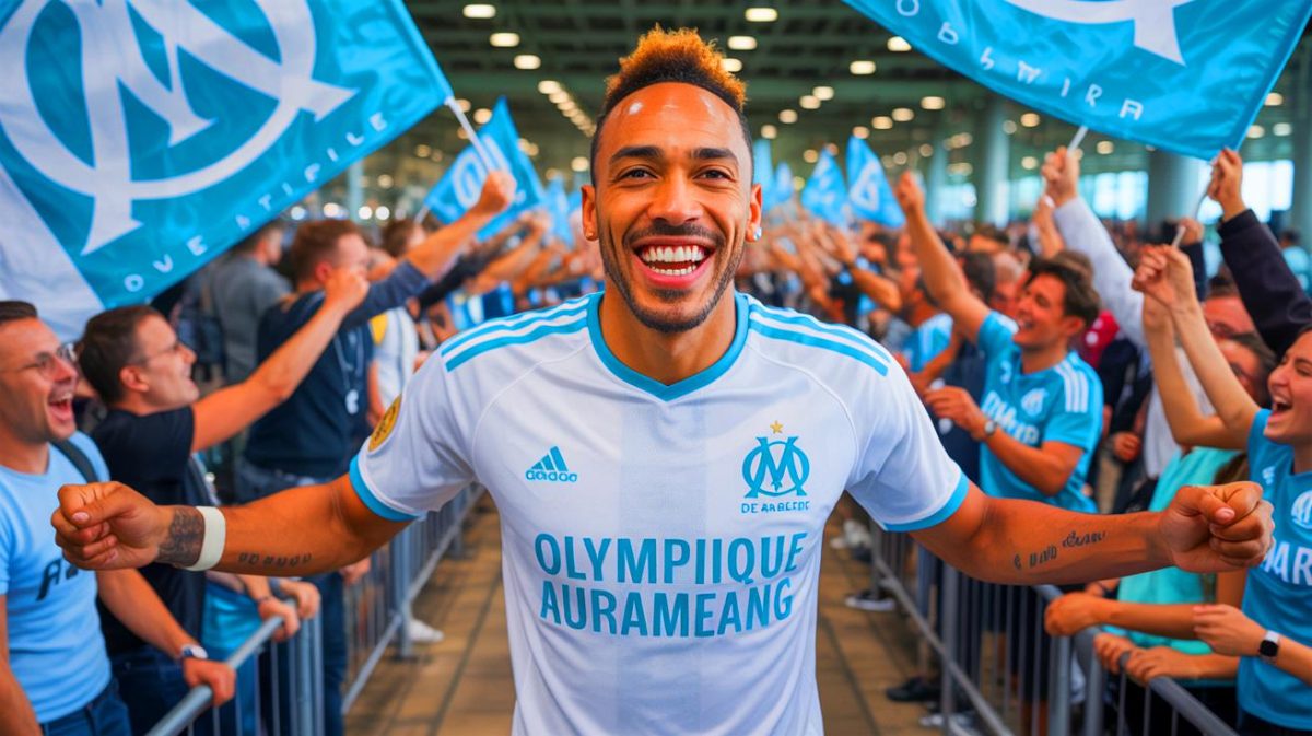 Illustration de Pierre-Emerick Aubameyang accueilli par les supporters à son retour à l'Olympique de Marseille.