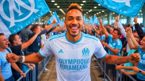 Illustration de Pierre-Emerick Aubameyang accueilli par les supporters à son retour à l'Olympique de Marseille.