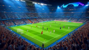 Illustration de l'Olympique de Marseille se préparant à affronter le Real Madrid au Santiago Bernabéu.