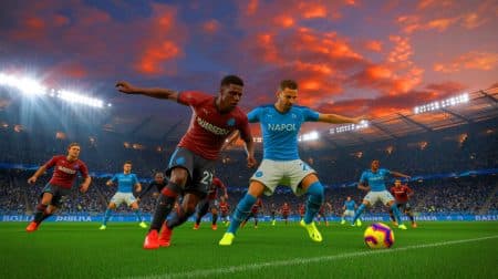 Illustration de Noa Lang en duel avec Lionel Messi lors d'un match de championnat.