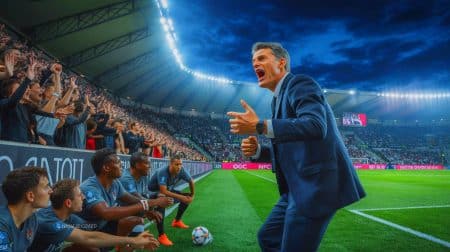 Illustration de Franck Haise analysant le match entre l'OGC Nice et l'Olympique de Marseille.