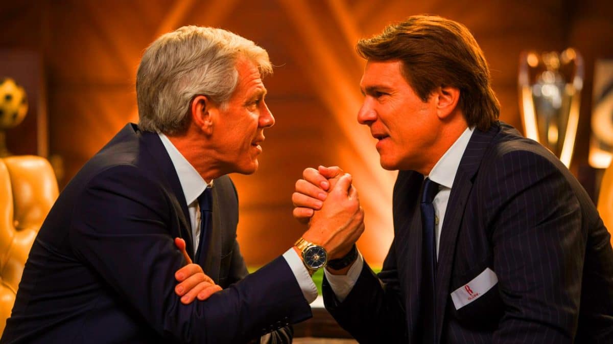 Illustration de Jean-Claude Darmon évoquant sa rencontre avec Bernard Tapie et les tensions dans le football français.