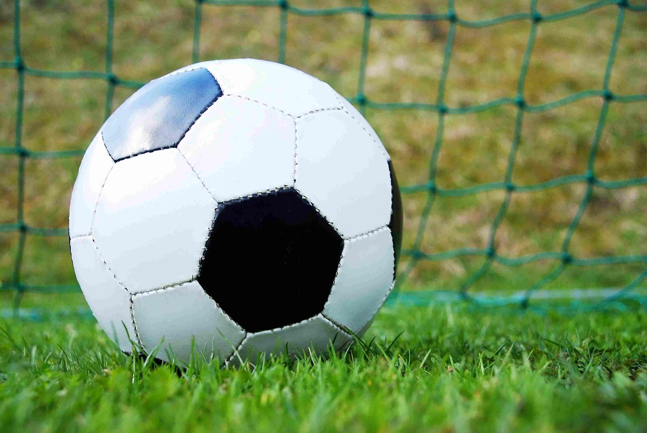 Ballon de football blanc et noir posé sur l'herbe devant les filets d'un but